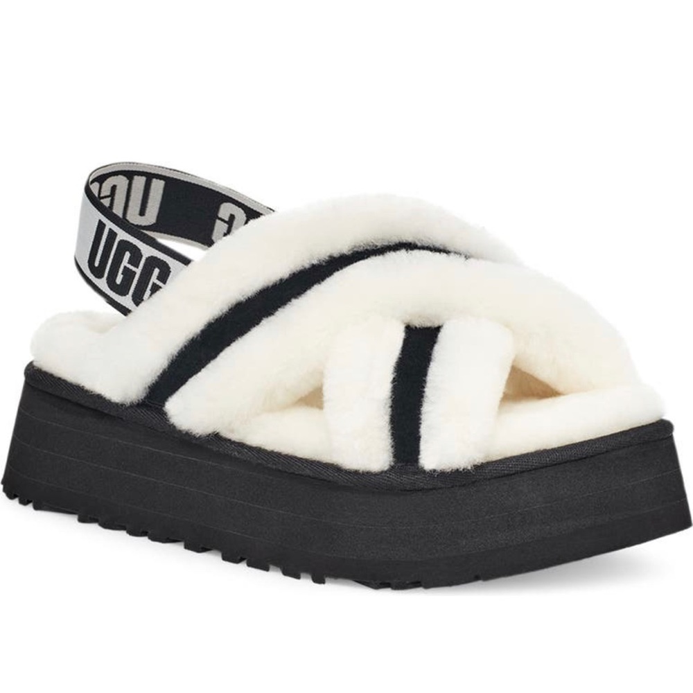 Authentic Ugg Platform Slides Black and White - REAL WOOL